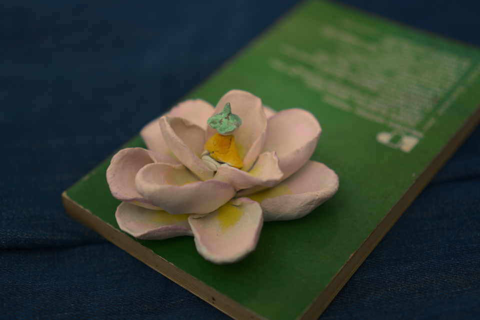 Um pequeno buda sobre uma flor rosa sobre um livro sobre um pano azul.